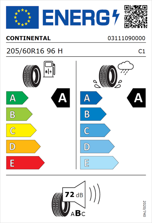 Tyre Label for Continental EcoContact 6 205/60R16 96H
