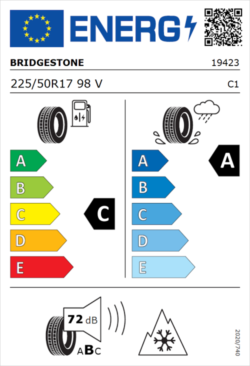 Tyre Label for Bridgestone DriveGuard 225/50R17 98V