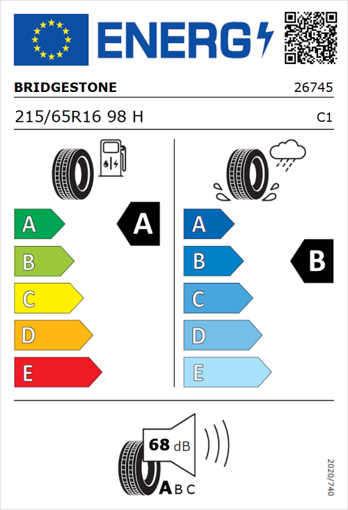 Tyre Label for Bridgestone Turanza 6 215/65R16 98H