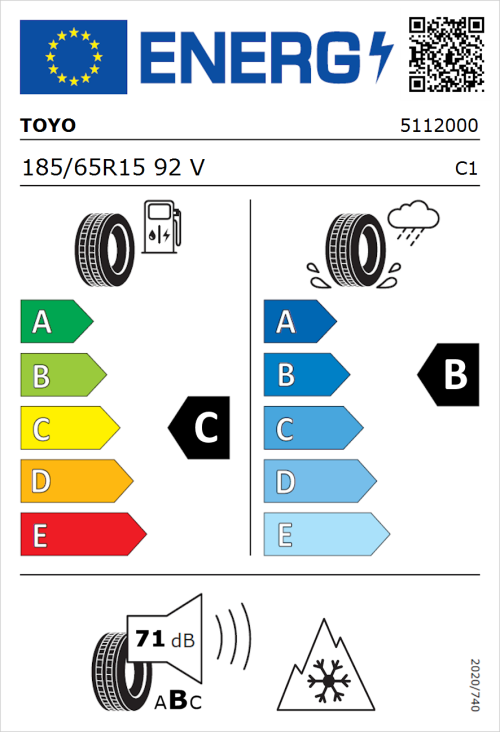 Tyre Label for Toyo Celcius AS2 185/65R15 92V